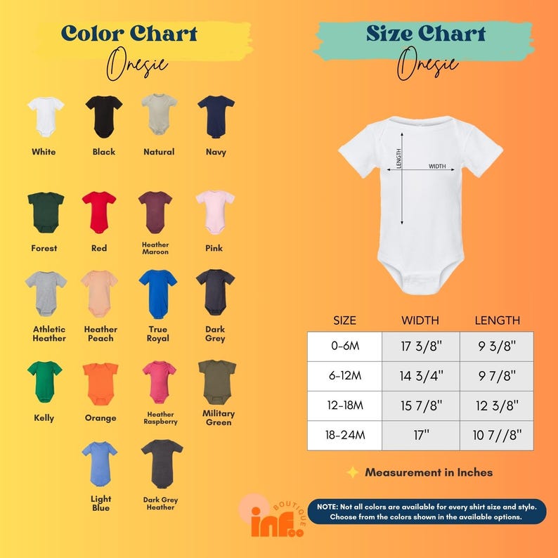 a baby's bodysuit size chart with different colors