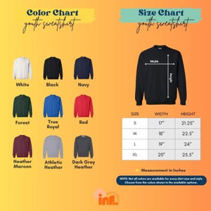 The image is a color chart and size chart for youth sweatshirts, displaying various color options and corresponding measurements for different sizes.