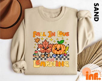 Comfort Colors Groovy Teacher Sweatshirt, Teacher Fall Tee, Fall In Love With Learning Teacher Shirt, Teacher Pumpkin Shirt, Teacher T-Shirt