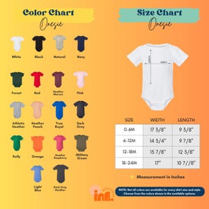 The image is a color chart and size chart for baby onesies. It displays various color options and corresponding measurements for each color, along with a list of available colors for different sizes.