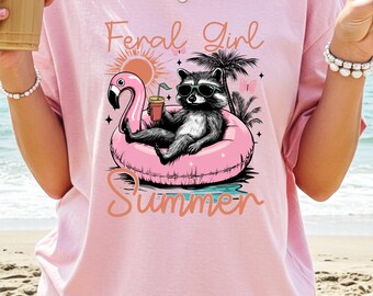 Feral Girl Summer T-Shirt, Retro Raccoon Shirt, Meme Raccoon Top, Funny Raccoon Summer Beach Gift, Feral Girl Summer Shirt, Ocean Life Top
