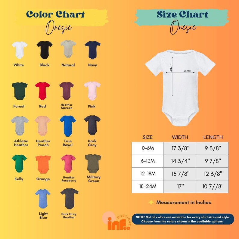 a baby's bodysuit size chart with different colors