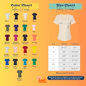 The image is a color chart for ladies' v-neck t-shirts, displaying various color options and corresponding measurements in inches.