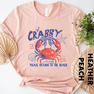 a pink t-shirt with a crab design and text, along with a potted plant and a fan, suggesting a beach or coastal theme.
