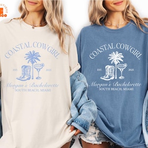 Custom Name and Location Coastal Cowgirl Bachelorette Party Shirt, Cowgirl Beach Bachelorette Bride T-Shirt, Western Bridesmaid Sweatshirt