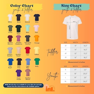 The image is a color chart and size chart for youth and toddler t-shirts, providing a visual representation of different shirt colors and corresponding measurements for various age groups.