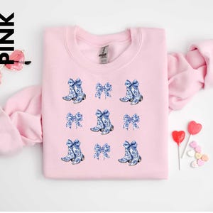 Cowboy Boots Sweatshirt, Cowboy Lover Sweater, Cowboy Bow Hoodie, Cowgirl Lover, Blue Ribbon Shirt, Blue Awareness Shirt, Coquette Boots