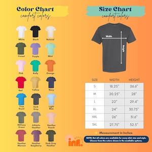 The image is a color chart and size chart for a t-shirt, providing a visual representation of different color options and corresponding measurements for various shirt sizes.
