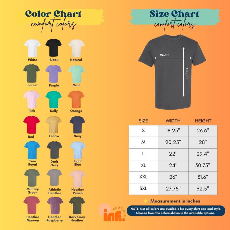 The image is a color chart and size chart for a t-shirt, providing a visual representation of different color options and corresponding measurements for various shirt sizes.