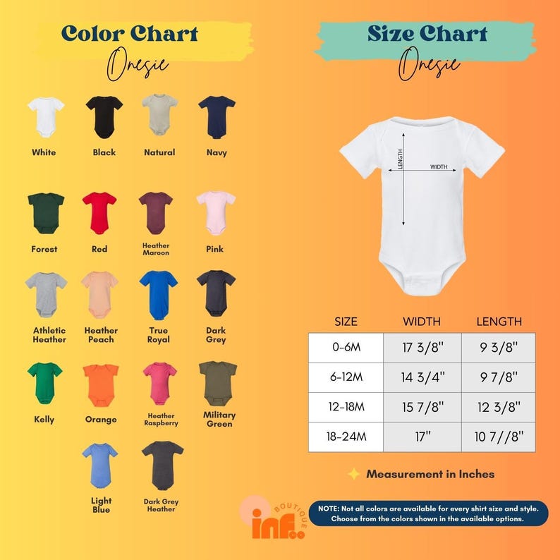 The image is a color chart and size chart for baby onesies, providing a visual guide for selecting the appropriate size based on the color and style of the onesie.