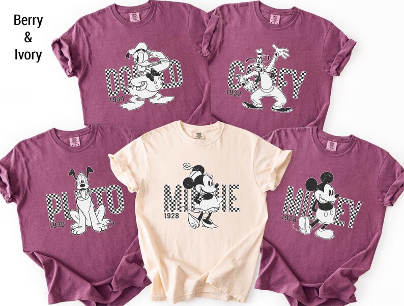 a collection of five Disney Mickey t-shirts, each featuring a different character from the classic animated film series.