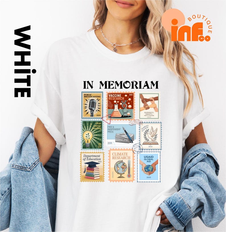 A woman wearing a white t-shirt with a graphic design of various postage stamps and text related to education and climate research.