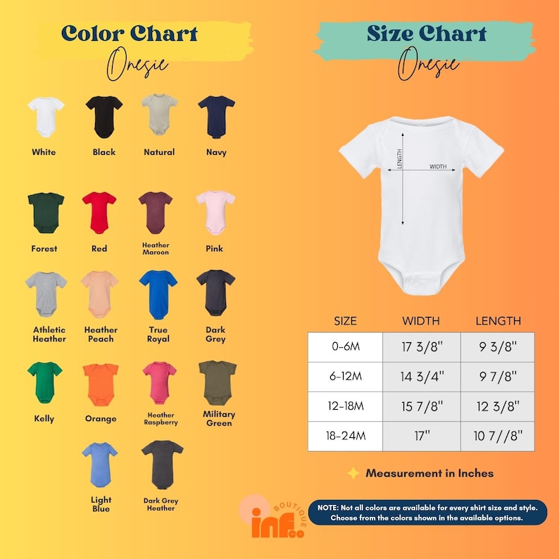 a baby's bodysuit size chart with different colors