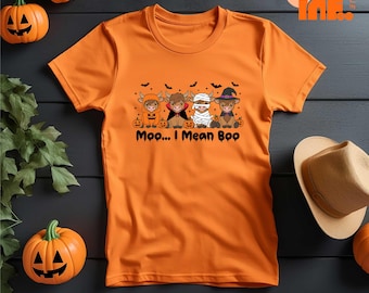 Moo I Mean Boo T-Shirt, Cow Halloween Shirt, Cute Cow Ghost Sweatshirt, Funny Animals Halloween Shirt, Halloween Cute Spooky Cows Boo Shirt