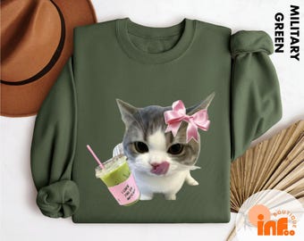 Matcha Girlie Sweatshirt, Coquette Matcha Aesthetic Tee, Cute Green Tea Shirt, Cat Lover Shirt, Soft Y2K Style Retro Matcha Lover Gift