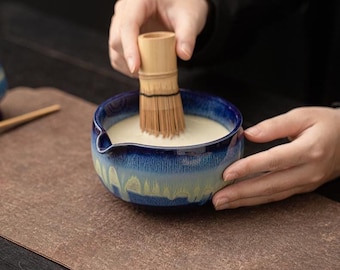 Hoshizora Handmade Ceramic Matcha Gift Set, Matcha Bowl with Spout, Bamboo Whisk, Whisk Holder and Scoop.