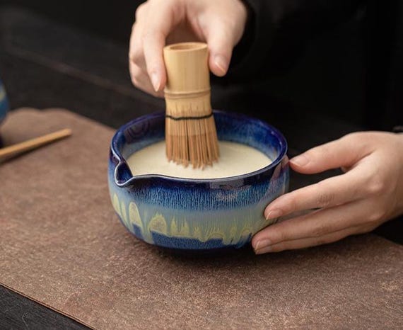 Hoshizora Handmade Ceramic Matcha Gift Set, Matcha Bowl with Spout, Bamboo Whisk, Whisk Holder and Scoop.