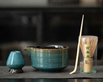 Match Bowl Set: Ceramic Matcha Gift Set, Matcha Bowl with Spout, Bamboo Whisk, Whisk Holder and Scoop
