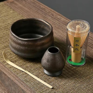 Ceramic Matcha Bowl Set: Bamboo Whisk, Scoop & Chasen Holder