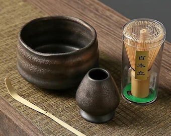 Juego de cuencos de cerámica para matcha: batidor de bambú, cuchara y soporte para chasen