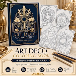May include: A dark blue coloring book with gold Art Deco cover text and graphics, accompanied by four black and white line art pages featuring a peacock, lotus, and geometric patterns. Three metallic pens lie nearby on a light surface.