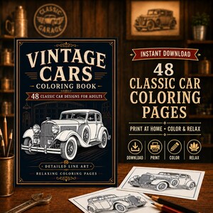 以下が含まれることがあります： 大人向けのクラシックカーデザイン48種類を収録した塗り絵「Vintage Cars Coloring Book」。表紙には濃紺の背景に白い線画のクラシックカーが描かれています。48枚のクラシックカーの塗り絵ページに関するテキストが含まれています。