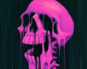 May include: A pink skull with dripping paint, creating a melting effect. The skull is set against a dark green background.