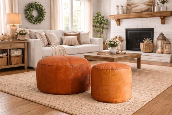 Custom leather pouf ,Round Ottoman Footstool (Unstuffed).