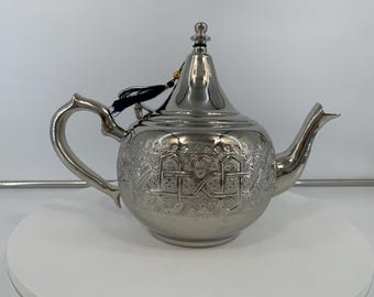 Handmade Moroccan Brass Teapot Kettle 32oz Silver Arabic Boho Vintage Decor