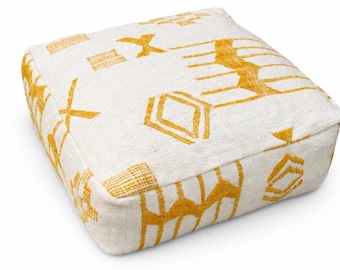 Handmade Moroccan Wool Pouf White Mustard Floor Cushion Boho Decor