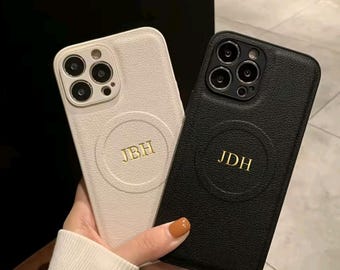Personalized Leather iPhone Case with MagSafe | Gold Monogram