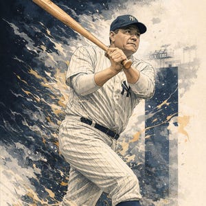 Puede incluir: Ilustración de un jugador de béisbol con uniforme a rayas, balanceando un bate de madera. El jugador lleva una gorra azul marino con un logotipo blanco. La obra de arte tiene un estilo vintage con una composición dinámica orientada a la acción.