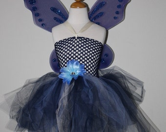 Midnight Magic Fairy - Custom Costume Set - Includes Sewn Tutu Dress, Wand and Matching Hair Clip