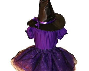 Wee Lil Witch Custom Tutu Costume Set - Includes Long Blouse/ Dress, Sewn Tutu and Hat