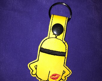 Custom Embroidered Vinyl Kiss My Minion Keychain/ Snap Tab