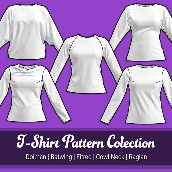 T-Shirt Sewing Pattern Collection | Dolman, Batwing, Fitted, Cowl-Neck, Raglan