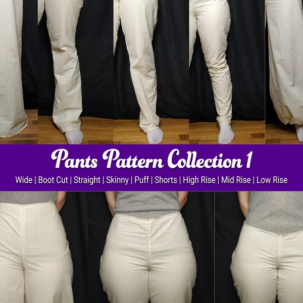 Pants Sewing Pattern Collection | Wide leg, boot cut, straight leg, skinny, puff, mid rise, low rise, high rise waist