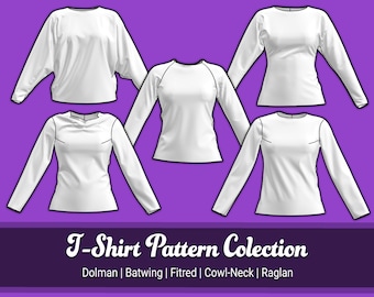 T-Shirt Sewing Pattern Collection | Dolman, Batwing, Fitted, Cowl-Neck, Raglan