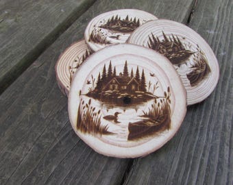 Laser Engraved Wood Lake Coasters, Rustic Cabin Decor, Nature Lover Gift, Engraved Coasters, Wood Coasters, Duck Coaster