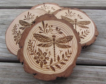 Engraved Wood Coasters, Dragonfly Design, Rustic Nature Drink Coasters, Handmade Garden Insect Lover Gift, Garden Wooden Gift