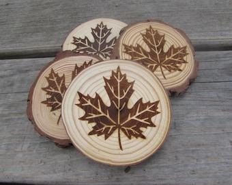 Laser Engraved Wood Coasters, Maple Leaf Design, Rustic Nature Drink Coasters, Handmade Autumn Home Decor Gift