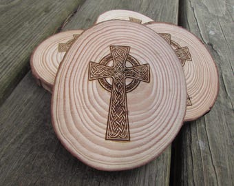 Laser Engraved Wood Coasters with Celtic Cross Design, Rustic Irish Drink Coasters, Unique Spiritual Gift for Home or Bar