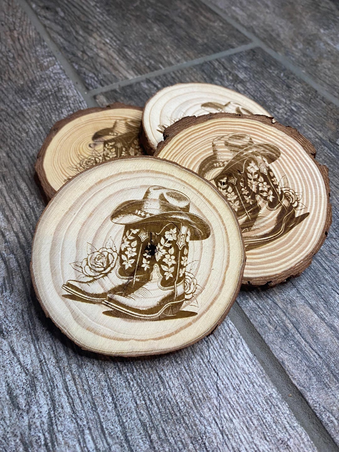 Laser Engraved Cowboy Boot Coasters, Western Hat Wood Drink Coasters ...