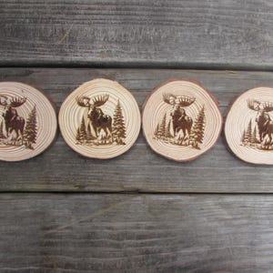 May include: Four wooden coasters with a burnt design of a moose standing in a forest. The coasters are round and have a natural wood finish.