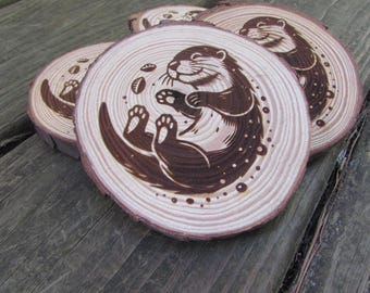 Laser Engraved Wood Otter Coasters, Rustic Wildlife Home Bar Decor, Wood Drink Coaster, Natural Wood Coaster, Animal Coaster