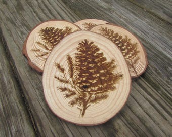 Pine Cone Laser Engraved Wood Coasters, Rustic Forest Drinkware, Nature Cabin Decor, Handmade Woodland Tabletop Gift
