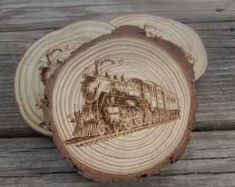 Engraved Wood Coaster with Vintage Train Design, Rustic Locomotive Drink Coaster, Handmade Railroad Gift, Train Lover Gift