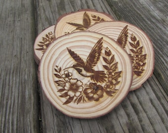 Hummingbird Wood Coasters: Laser Engraved Floral Drink Coasters