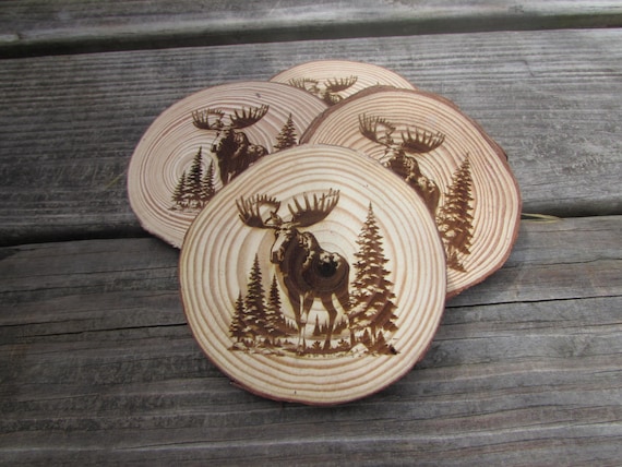 Laser Engraved Wood Coasters, Moose Coaster, Rustic Wildlife Drink Coasters, Handmade Coaster Set, Wildlife Coaster, Animal Coaster