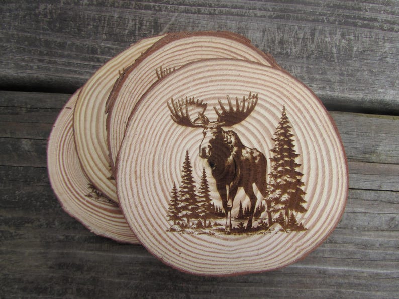 May include: Set of four wooden coasters featuring a laser-etched design of a moose standing in a forest. The coasters are made from natural wood and have a rustic look.
